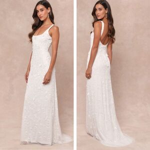 Lulu’s Extraordinary Glamour White 3D Floral Beaded Backless Maxi Dress